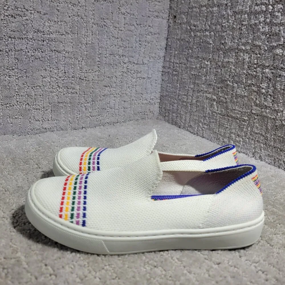 Rothy's The Kid White Rainbow Knit Slip On Sneaker Shoes Big Girl's Size US 1